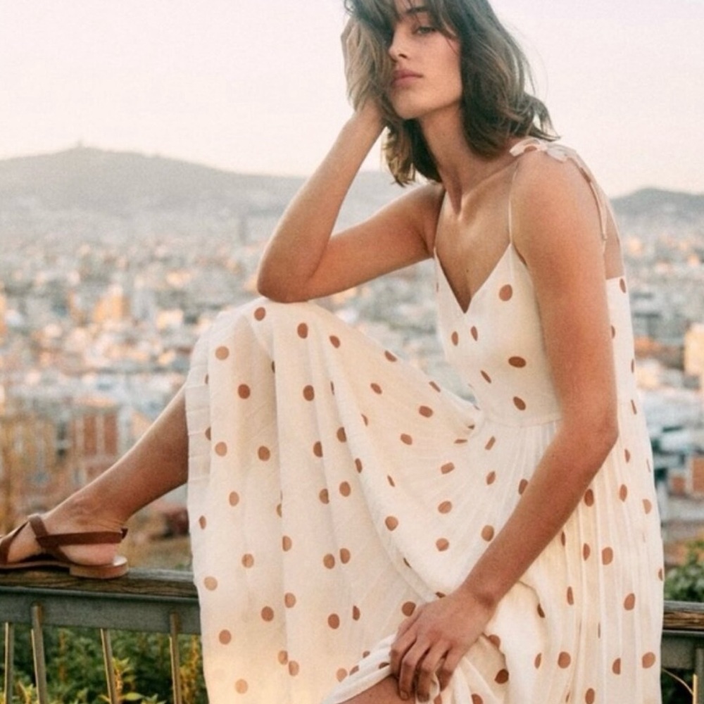Sézane Cream Midi Dress with Brown Polka Dots